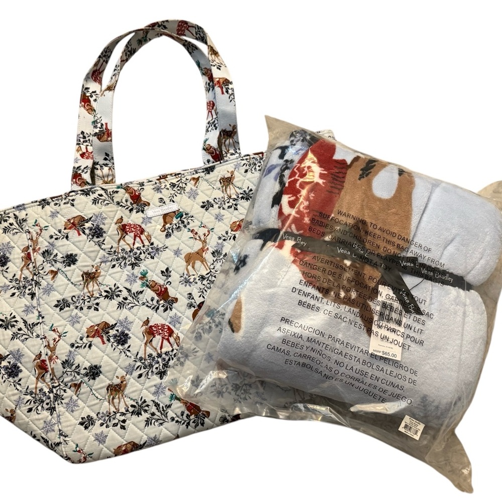 Vera Bradley grand tote 2.0 & matching Blanket- pattern Merry Mischief Snow Day